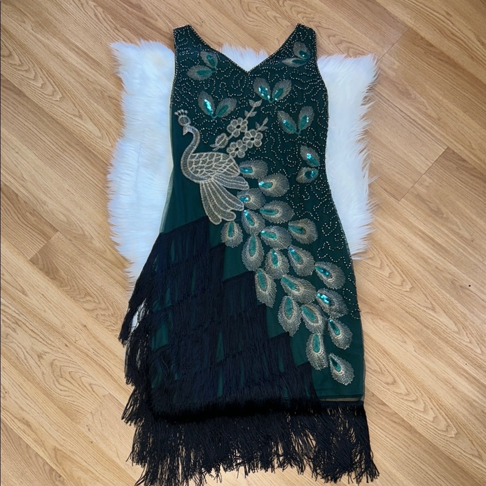 Embellished Flapper Emerald Green Asymmetrical Fringe Dress Peacock Costume